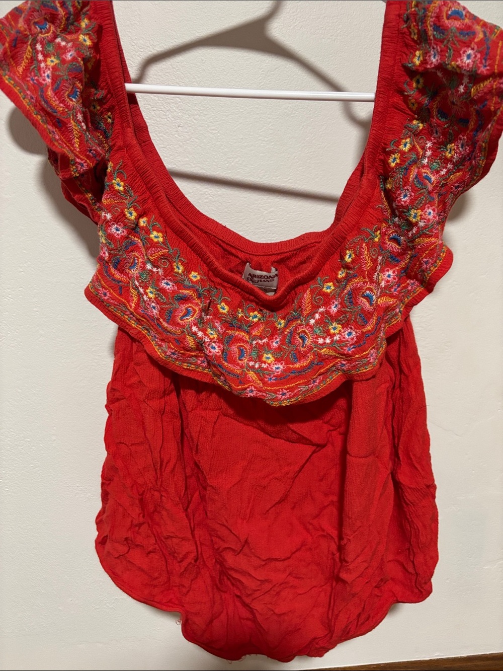 Red Embroidered Ruffle Neck Women's Top